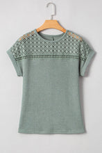 Mist Green Lace Patchwork Waffle Short Sleeve Top