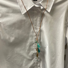 Turquoise & Tan with a Gold Peacock Feather Cinch Necklace
