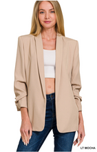 3/4 ruched sleeve open front classic blazer
