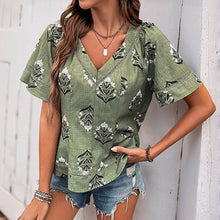 Sage Boho Print V-Neck Short Sleeve Blous
