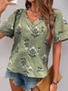 Sage Boho Print V-Neck Short Sleeve Blous