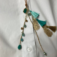 Turquoise & Tan with a Gold Peacock Feather Cinch Necklace