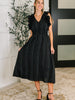 Pinstripe Romance V-Neck Ruffle Sleeve Dress in Black