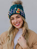 Luxe Deep Teal w/ Floral Pattern Cuff Pom Hat