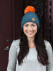 Blue Fleece Lined Knit Hat with Orange PomPom-Shop-Womens-Boutique-Clothing