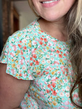 Mint & Coral Print Ruffle Sleeve Top